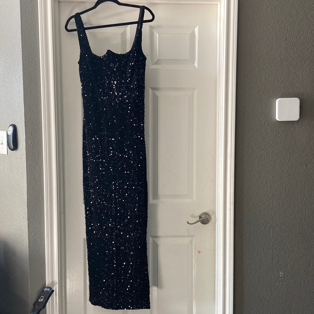 embellished sequins with super thigh high slit all black formal dress.